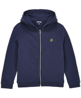 Felpa bambino con cappucio zip vista frontaleale e motivo Turtle applicato sul retro Blu marine front