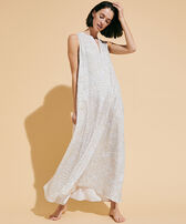 Langes Dentelles Strandkleid aus Tencel für Damen Weiss Vorderseite getragene Ansicht
