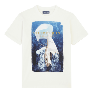 Men Cotton T-Shirt Sailing Boat From The Sky Off white front view