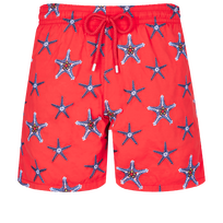 Men Swim Trunks Embroidered Starfish Dance - Limited Edition Poppy red front view