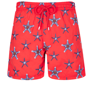 Men Swim Trunks Embroidered Starfish Dance - Limited Edition Poppy red front view