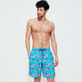 Men Long Ultra-light and packable Swim Shorts Crevettes et Poissons Curacao front worn view