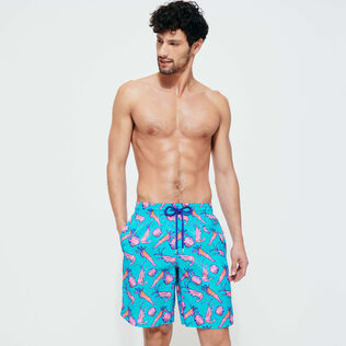 Men Long Ultra-light and packable Swim Shorts Crevettes et Poissons Curacao front worn view