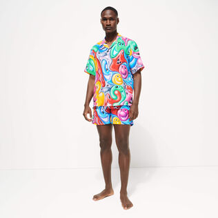 Men Linen Bowling Shirt Faces In Places - Vilebrequin x Kenny Scharf Multicolor back worn view