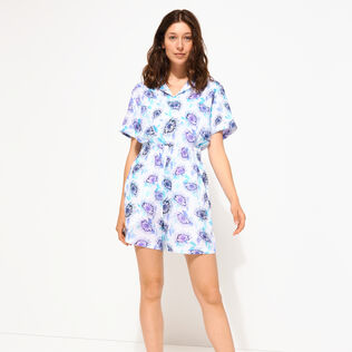 Bermudas de lino con estampado Flash Flowers para mujer Purple blue vista frontal desgastada