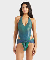 Maillot de bain une pièce échancré à nouer femme Rainbow Vert disco vue portée de face