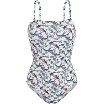 Women Crossed Back Straps One-piece Swimsuit Rainbow Birds White front view