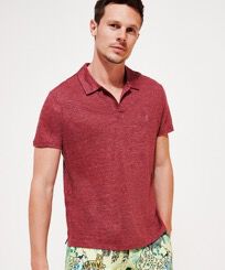 Men Linen Jersey Polo Shirt Solid Heather burgundy front worn view