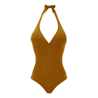 Women Halter One-Piece Swimsuit Plumes Jacquard Bark front view