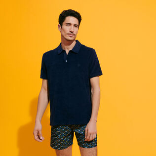 Men Terry Polo Solid Navy front worn view