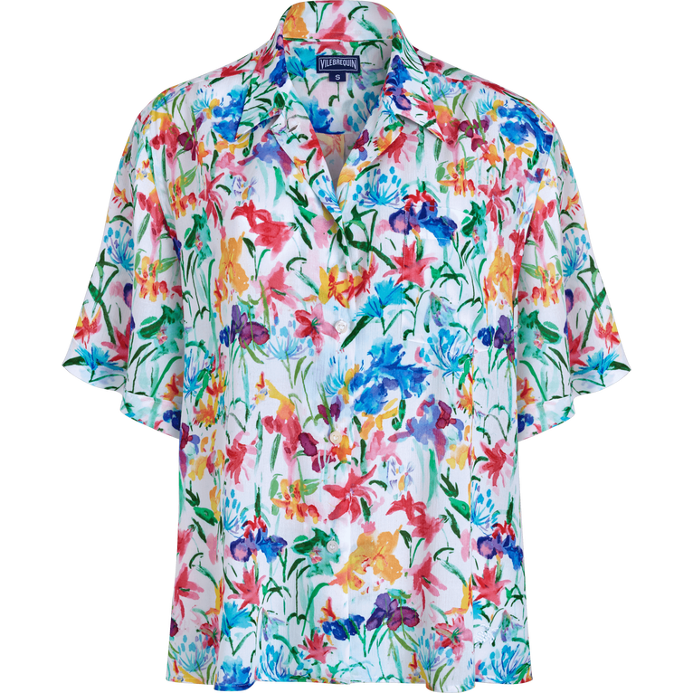 Chemise Bowling En Viscose Femme Happy Flowers - Charlyne - Blanc