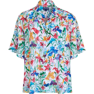 Happy Flowers Bowling-Hemd aus Viskose für Damen Weiss Vorderansicht