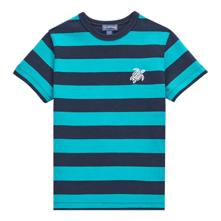 T-shirt Garçon Col Rond Coton Navy Striped - Gusto - Vert