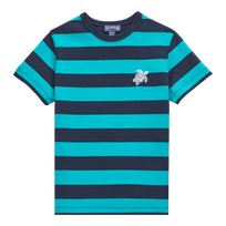 T-shirt bambino girocollo in cotone Navy Stripes Tropezian green vista frontale