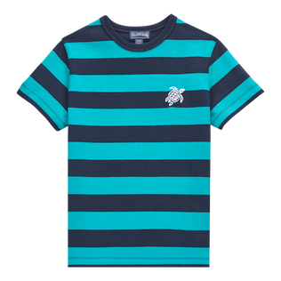 T-shirt bambino girocollo in cotone Navy Stripes Tropezian green vista frontale