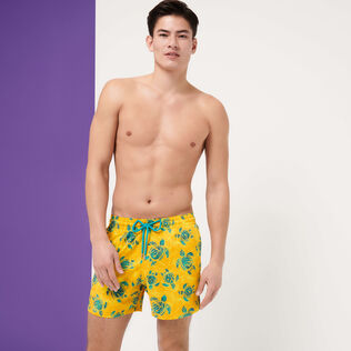 Men Stretch classic Printed - Men Stretch Swim Trunks Turtles Madrague, Yellow front worn view