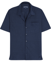 Unisex Linen Bowling Shirt Solid Navy front view