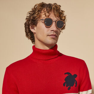 Men Striped Cotton and Cashmere Turtleneck Pullover Jacquard Tortue Red details view 2
