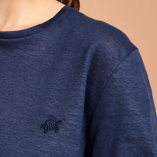 Unisex Linen Long Sleeves T-shirt Solid Navy details view 4