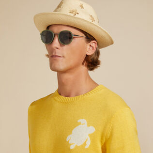 Men Cotton and Cashmere Crewneck Sweater Turtle Yellow details view 2
