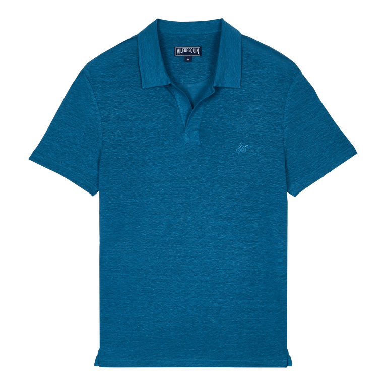 Men Linen Jersey Polo Shirt Solid - Polo - Pyramid - Blue - Size XXXL - Vilebrequin