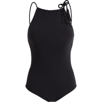 Bañador de una sola pieza con cuerdas cuello alto y estampado Tresses para mujer Negro vista frontal