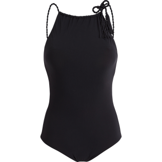 Bañador de una sola pieza con cuerdas cuello alto y estampado Tresses para mujer Negro vista frontal
