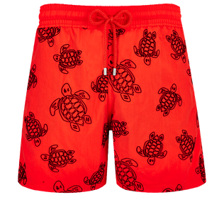 Men Swim Trunks Ronde Des Tortues Flocked Poppy red front view