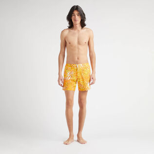 Men Stretch Short Swim Shorts Flat Belt Palm Leaves Mango front worn view