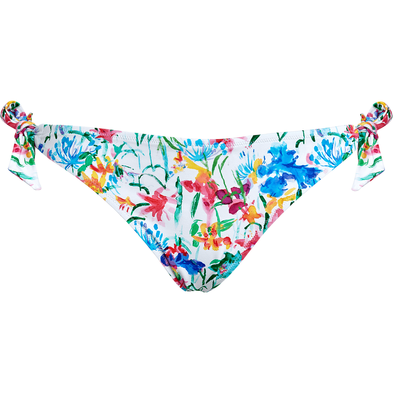 Women Side Tie Bikini Bottom Happy Flowers - Flamme - White