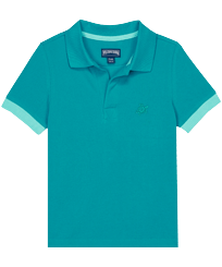 Polo en piqué de algodón de color liso para niño Ming blue vista frontal