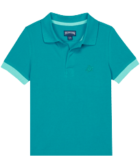 Boys Cotton Pique Polo Shirt Solid Ming blue front view