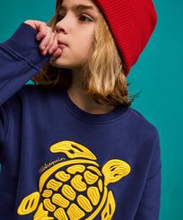 Boys Round-Neck Cotton Sweatshirt Placed Embroidery Turtles Navy front worn view