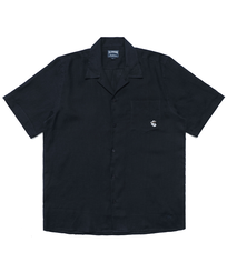 Men Linen Bowling Shirt in Solid Navy - Vilebrequin X Malbon Navy front view