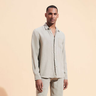Men Linen Shirt Solid Eucalyptus front worn view