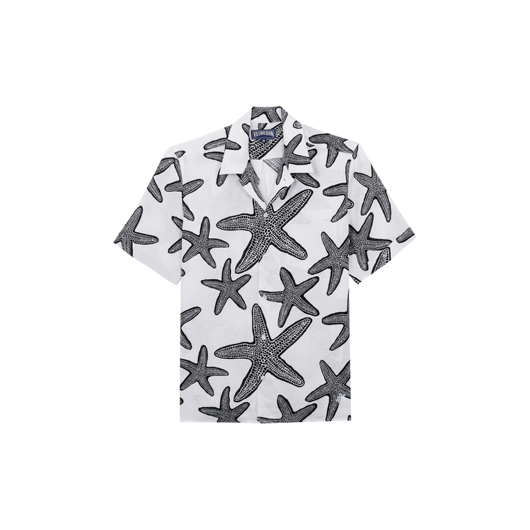 Vilebrequin Men Linen Bowling Shirt Starlettes - Charli - White - Size L