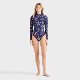 Women UV Protection One-piece Rashguard Disco Stars Navy front worn view