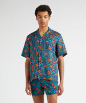 Men Linen Bowling Shirt Tropical Flowers Navy front worn view