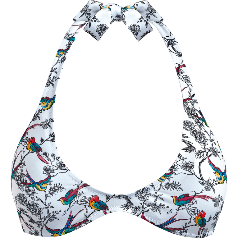 Top De Bikini Con Escote Redondo Y Estampado Rainbow Birds Para Mujer - Traje De Baño - Like - Blanco