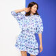Women Short Ruffles Cotton Dress Flash Flowers Purple blue front worn view