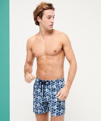 Men Stretch Swim Trunks Batik Fishes Navy front worn view