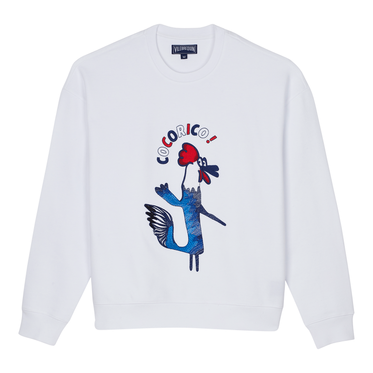Men Cotton Crewneck Sweatshirt Embroidered Cocorico! - Sweet - White