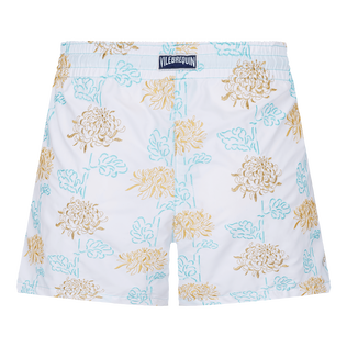 Pantalón corto de baño iridiscente bordado con estampado Flowers of Joy para mujer Blanco vista trasera