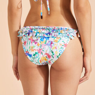 Braguita de bikini de corte brasileño con volantes y estampado Happy Flowers para mujer Blanco detalles vista 2