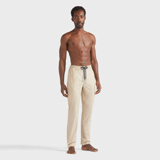 Men Elastic waist Cotton Pants Solid Sand front worn view