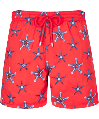 Men Swim Trunks Embroidered Starfish Dance - Limited Edition Poppy red front view