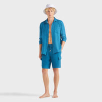 Men Blue Linen Bermuda Short Look  front view