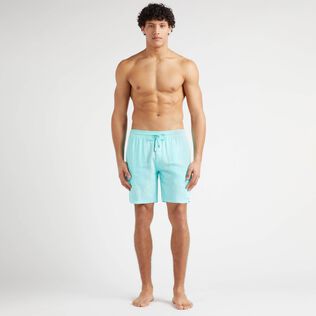 Men Linen Bermuda Shorts Cargo Pockets Lagoon front worn view