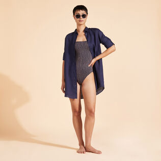 Vestido camisero de lino de color liso para mujer Azul marino detalles vista 1