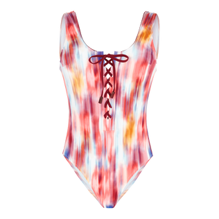 Women Lace-up One-piece Swimsuit Ikat Flowers Multicolor front view